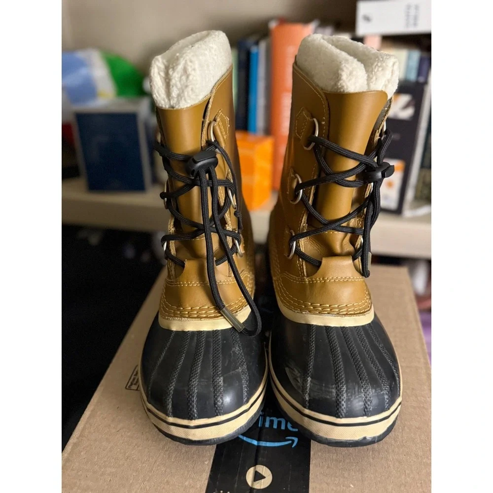 Sorel Yoot Pac Nylon Waterproof Snow Rain Boot Tan Black Faux Fur Women's 5